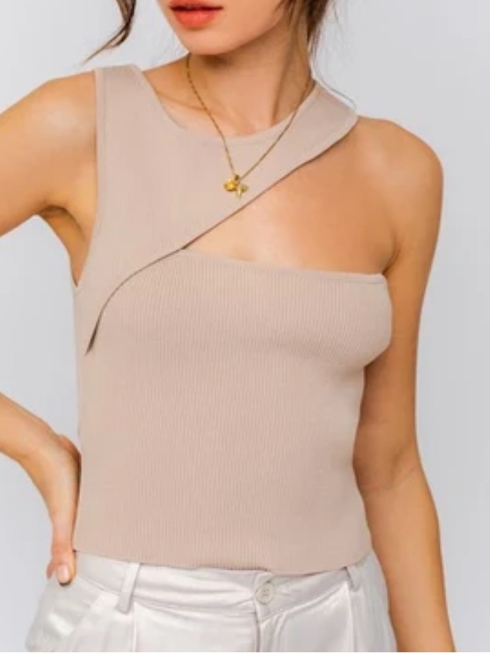 Lane 201 Taupe Ribbed Asymmetrical Crossover Tank Top Women’s Large